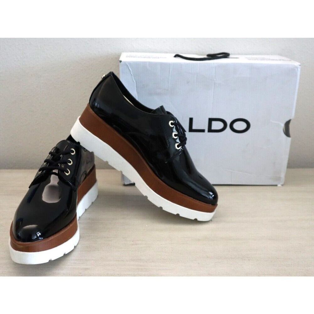 Aldo Women's Sz 7B Black Patent Leather Sevanime Lace-Up Platform Oxford Shoes